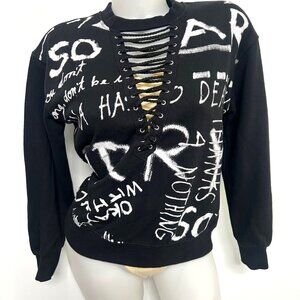 Forever 21 Black Sweatshirt With White Graphics & Lace-Up Front Size S
